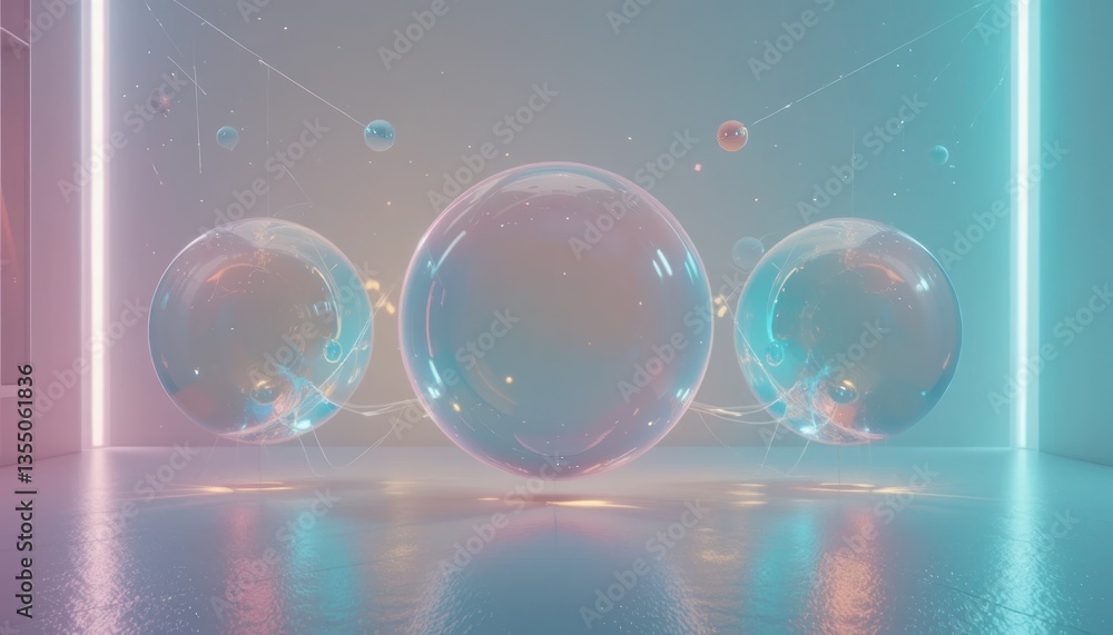 Poster floating bubbles in a futuristic studio 3d visualization abstract art minimalist environment aerial 