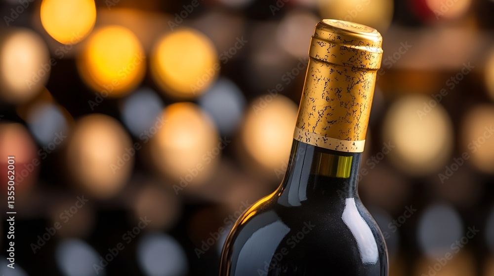Poster elegant wine bottle with golden cork set against a blurred background of wine bottles : generative a