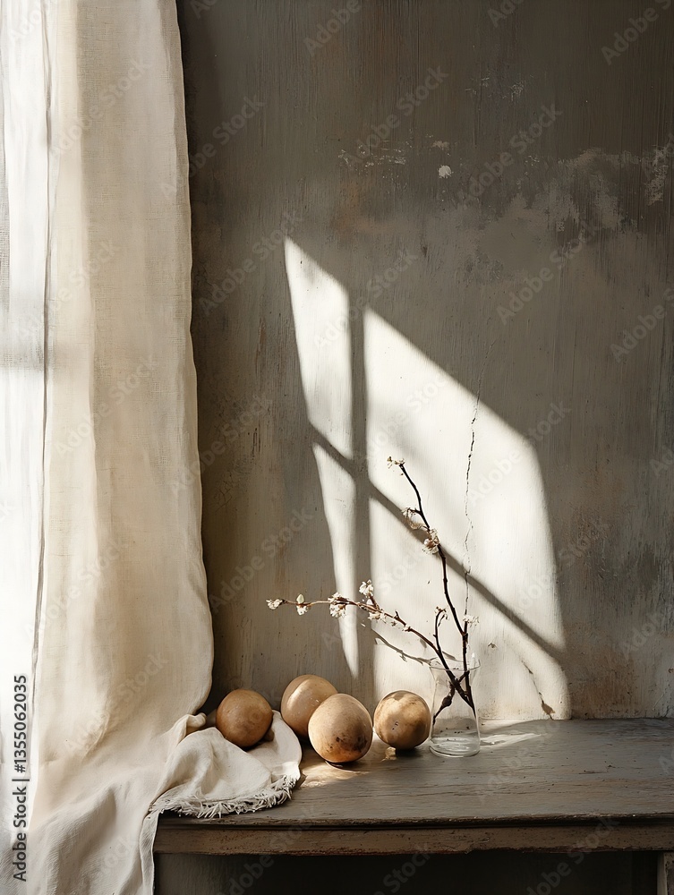Aufkleber serene interior scene featuring a simple arrangement of natural objects illuminated by soft sunlight