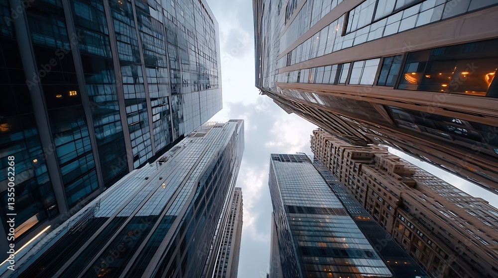 Aufkleber Unique perspective looking up at towering skyscrapers amidst the cloudy sky in an urban setting : Generative AI