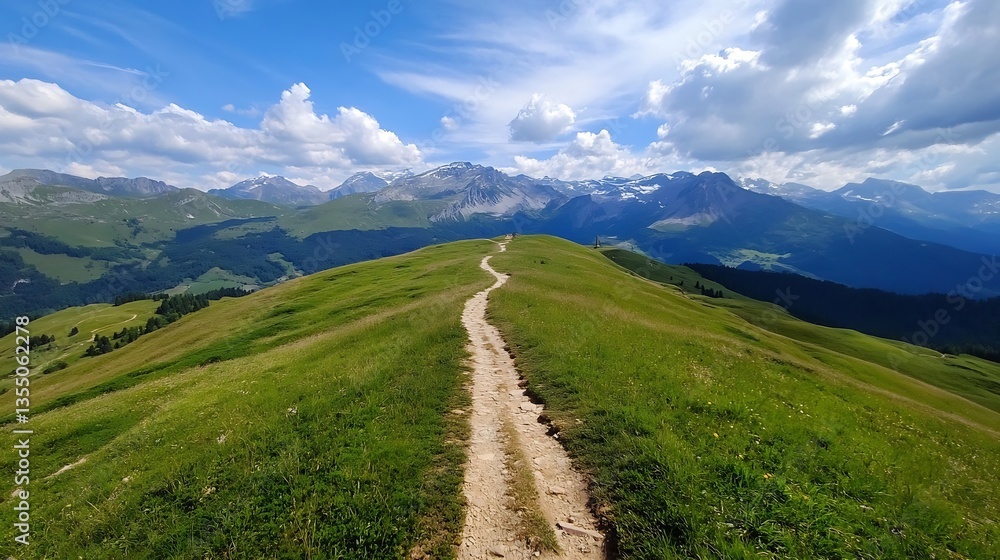 Poster serene landscape showing a winding path through lush green hills under a bright blue sky with fluffy