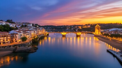 Obraz premium Stunning sunset view over a river with illuminated bridges and charming town buildings : Generative AI