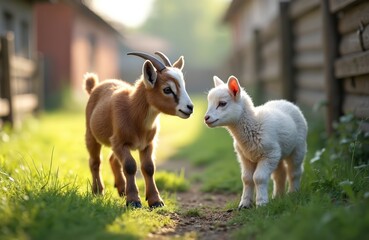 Obraz premium Brown goat kid stands next to white lamb at farm. Cute baby animals in rural scene. Farm animals on green grass. Young goats sheep on pasture farmland.