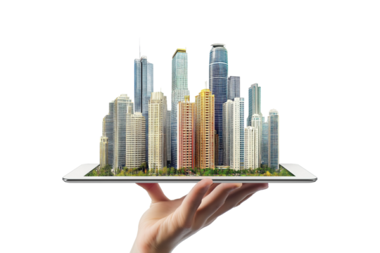 Hand with city Isolated cutout on transparent or white background.