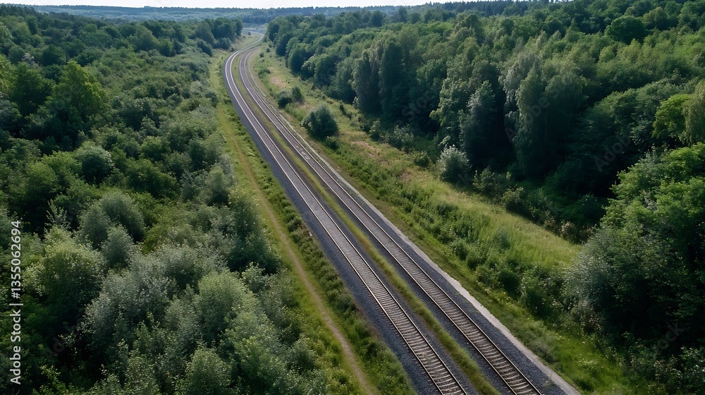 Poster aerial view of quiet railway tracks surrounded by dense green forest : generative ai