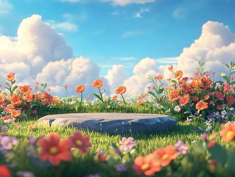 a vibrant flower garden with a variety of colorful flowers in full bloom. A wooden stump is positioned in the foreground, amidst the lush green grass and colorful blossoms.