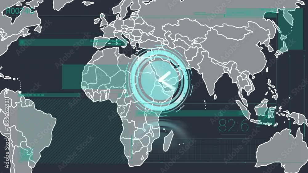 Poster digital map with data processing animation over africa highlighting specific region