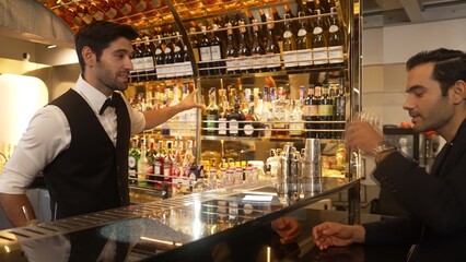 Smart bartender serving drink gin fizz with lemon sliced to VIP guest while waiting friend at luxurious counter bar. Barman providing excellent service at vibrant nightlife party atmosphere. Vinosity.