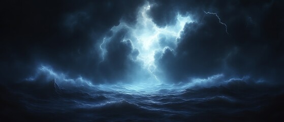Obraz premium Stormy ocean, lightning strikes, dark clouds, game background