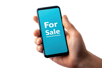 Female hand holding a smartphone with for sale on the screen overIsolated cutout on transparent or white background.
