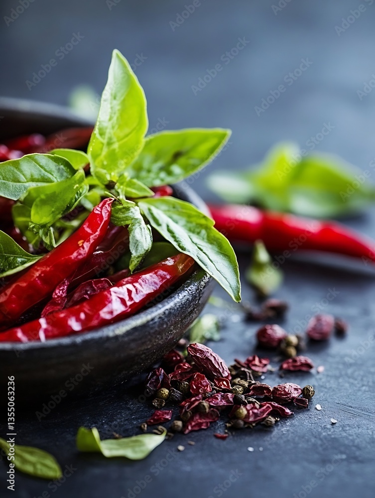 Aufkleber fresh red chili peppers and green basil leaves in a rustic bowl : generative ai