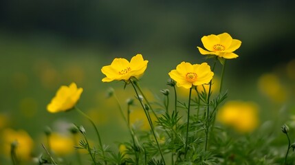 Fototapeta premium Vibrant Yellow Buttercup Flowers Blooming in a Lush Green Field Under Soft Natural Light : Generative AI