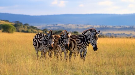 Naklejka premium Majestic Zebras Grazing Together on a Vibrant Savanna Landscape Under a Beautiful Sky : Generative AI