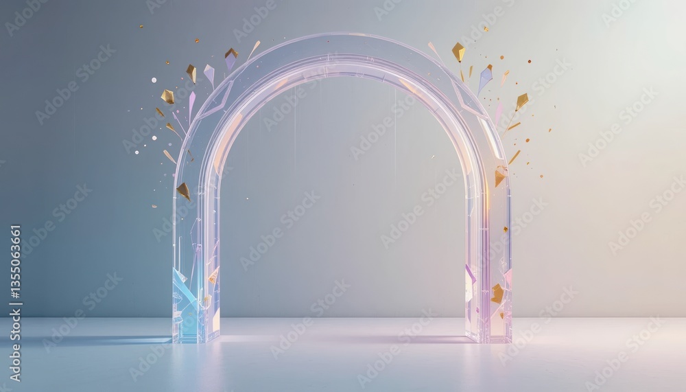 Aufkleber creative digital art event featuring a transparent arch with colorful accents in a minimalist studio