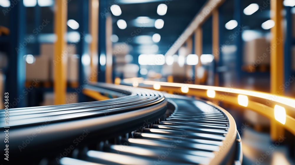 Poster automated package sorting on conveyor belt in warehouse setting