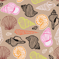 Various Seashells set. Different shapes. Outline modern style. Summer, vacation, ocean, beach concept. Hand drawn trendy Vector illustration. Square seamless Pattern, background, wallpaper