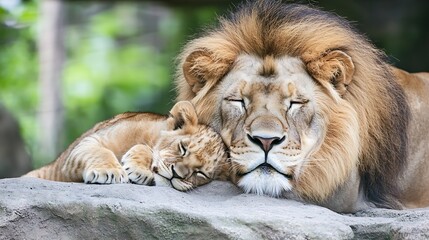Naklejka premium Majestic lion and adorable cub resting peacefully together on a warm sunny day : Generative AI
