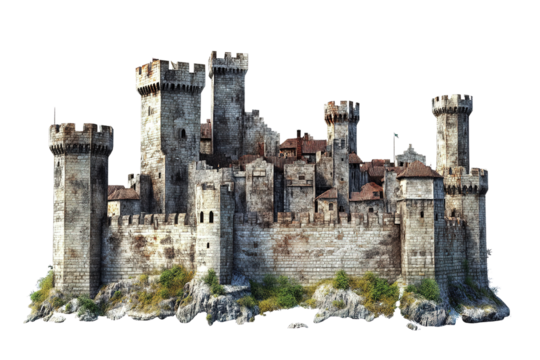 Old castle Isolated cutout on transparent or white background.