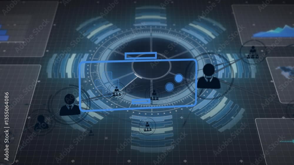 Poster animation with silhouettes and data visualization on futuristic digital interface