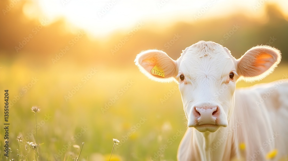 Poster curious young calf with big eyes enjoying warm sunset in open green field with flowers : generative 