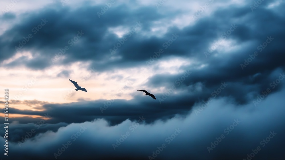 Poster two birds soaring through a moody cloudy sky during twilight capturing the beauty of nature : genera