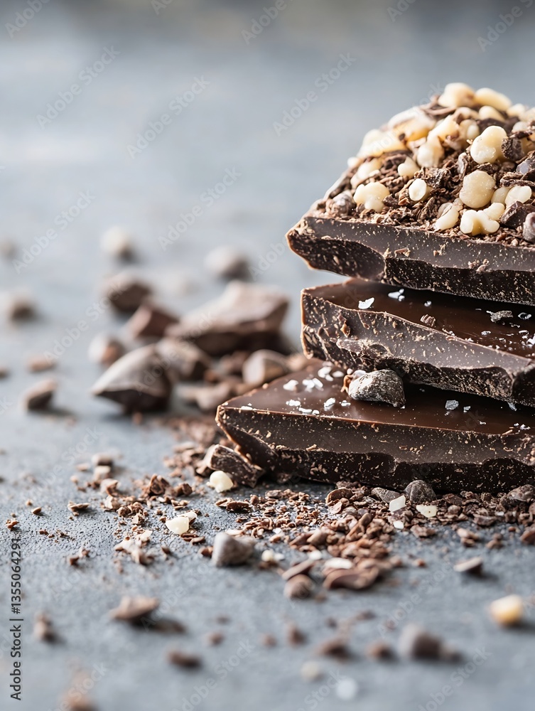Poster rich dark chocolate bars stacked with crunchy nuts on a textured background showcasing enticing gour