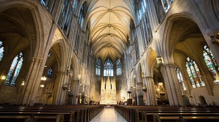 Fototapeta premium Magnificent view of a grand cathedral interior showcasing stunning architecture and beautiful stained glass windows : Generative AI