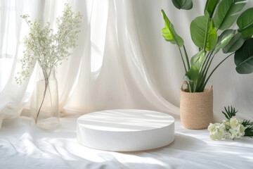 A white podium with flowers and a vase on a white cloth