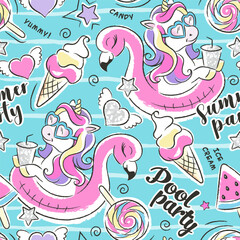 Beautiful turquoise pool party unicorn pattern. Fashion illustration drawing in modern style