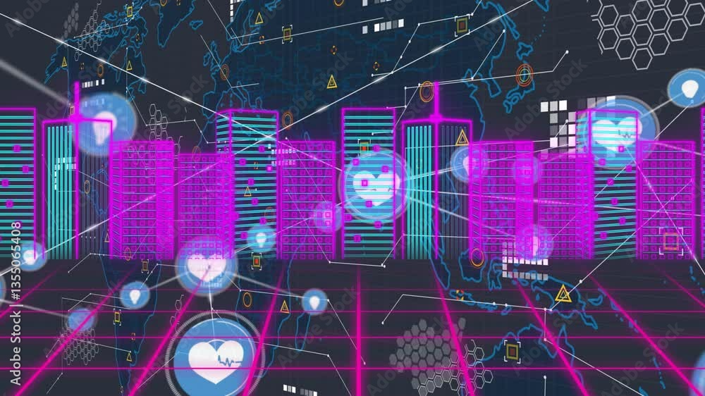 Poster animation of neon skyscrapers with digital data overlay on abstract world map
