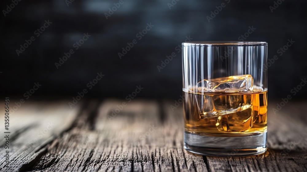 Poster glass of whiskey with ice cubes on rustic wooden table evoking a cozy atmosphere : generative ai