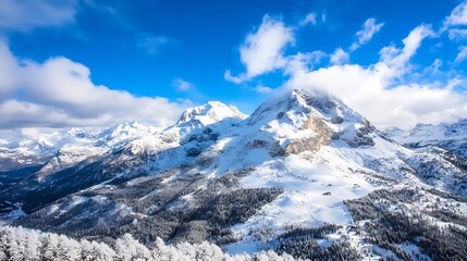 Breathtaking panoramic view of snowcovered mountains under vibrant blue sky with fluffy clouds : Generative AI