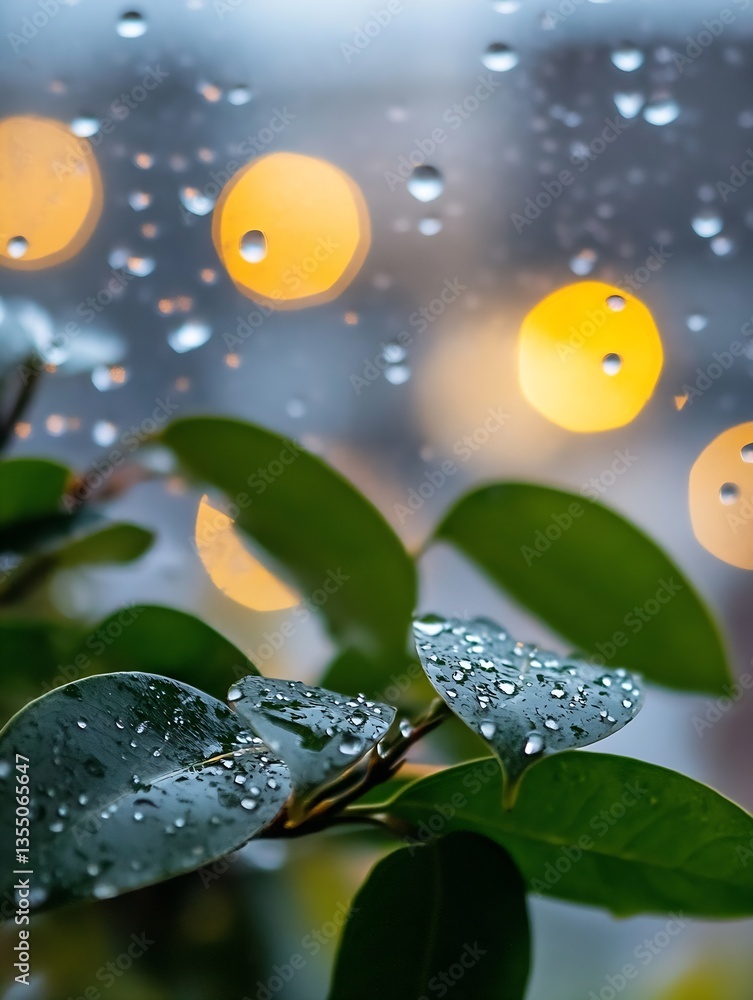 Poster raindrops on leaves and window with blurred background lights creating a dreamy atmosphere : generat