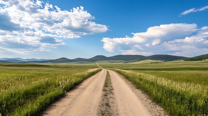 Fototapeta premium An endless dirt road winding through lush green fields under a clear blue sky : Generative AI
