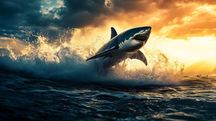 Fototapeta premium Great White Shark Leaping from Ocean at Sunset