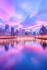 NYC Skyline at Pink Sunrise Reflection