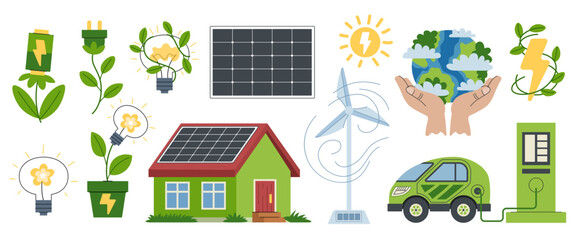 Vector set of renewable energy elements. Solar panels, wind turbines, and eco-friendly lamps. Eco friendly sustainable energy sources, caring for the environment.