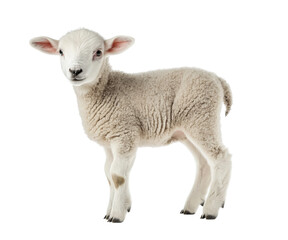 Fototapeta premium Cute lamb standing, side view, young sheep looking at the camera on Png Format and Transparent Background