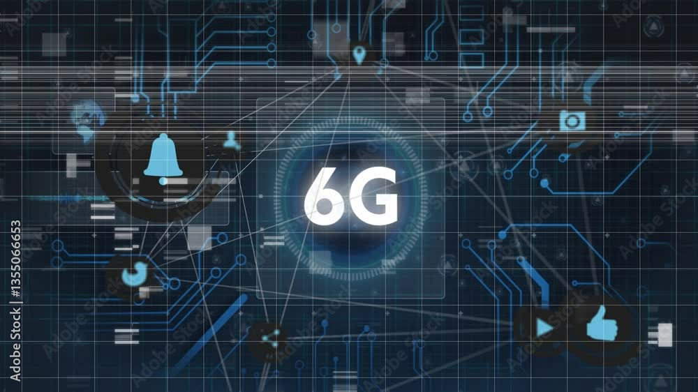 Poster digital icons and circuit patterns surrounding 6g text, animation of futuristic tech
