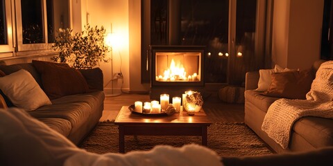 Warm and inviting living room with a glowing fireplace, surrounded by candles, creating a cozy and relaxing atmosphere
