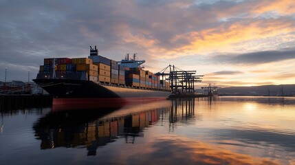 Large container ship docked at a port under a vibrant sunrise reflected in the water : Generative AI