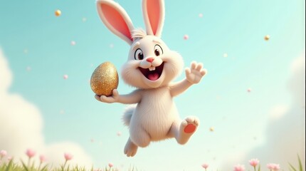 Obraz premium Joyful Easter Bunny with Egg and Blue Sky