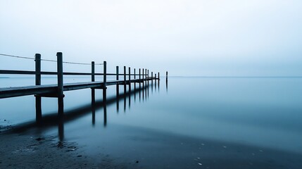 Misty morning landscape featuring a wooden pier extending into calm waters under a cloudy sky : Generative AI
