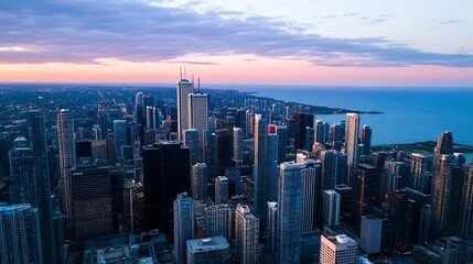 Breathtaking Aerial View of a Bustling City Skyline at Sunset with a Calm Lake in the Foreground : Generative AI