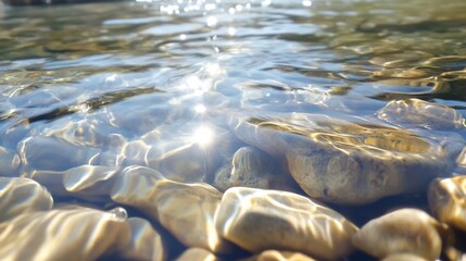 Calm Water Surface with Sunlight Reflecting on Smooth Stones Under Clear Water : Generative AI