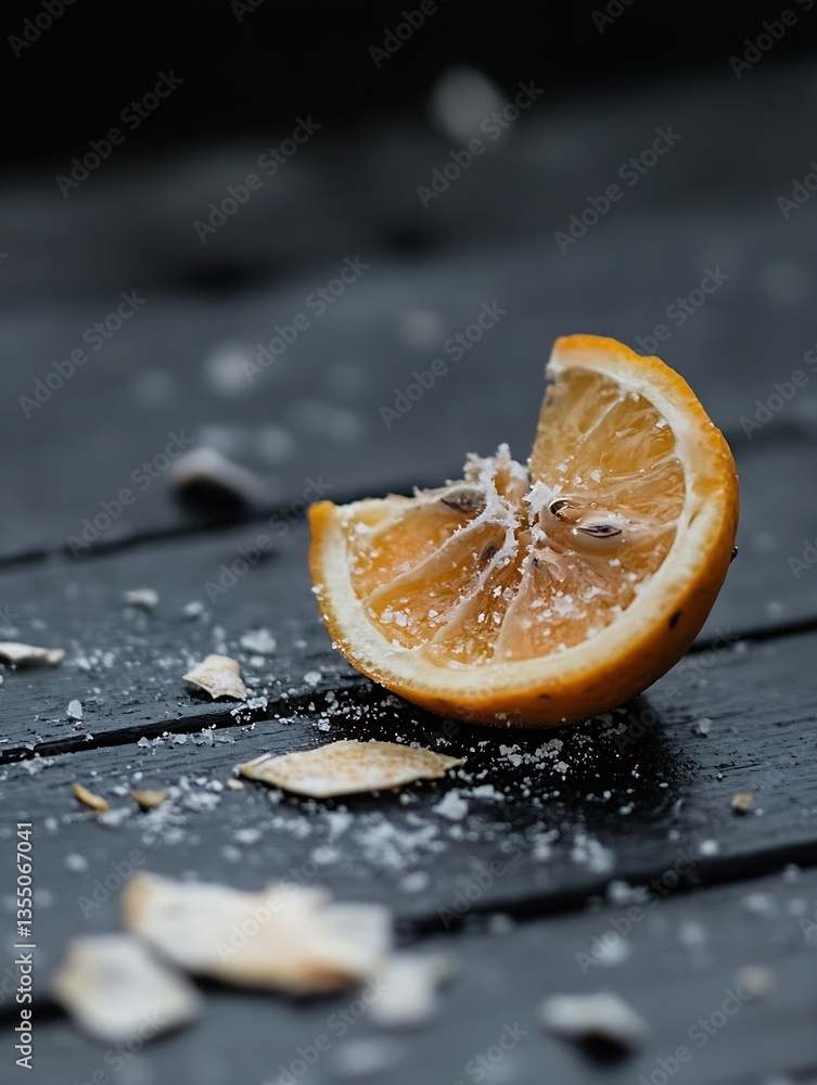 Poster dried lemon slice on wooden table with salt crystals and natural rustic decor elements : generative 