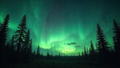 Fototapeta premium Spectacular view of green aurora borealis dancing above forest. Vibrant night sky landscape with trees silhouette. Northern lights in winter. Unique natural phenomenon, stunning atmospheric effect.