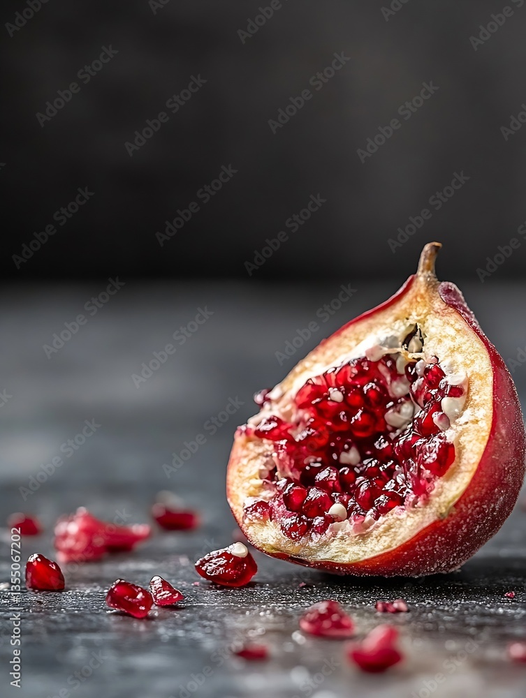 Poster Fresh pomegranate half with vibrant red seeds on a dark stone background : Generative AI