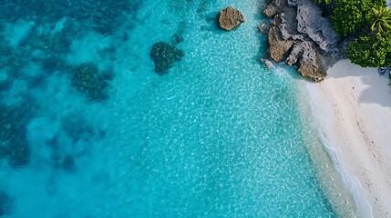 Obraz premium Aerial view of a serene tropical beach with turquoise waters and vibrant coral reefs : Generative AI