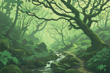 27 Lush ancient forest, moss-covered boulders, misty atmosphere, twisted tree branches, ethereal green light, mystical woodland, stream running through rocks, fantasy landscape, dense vegetation, magi